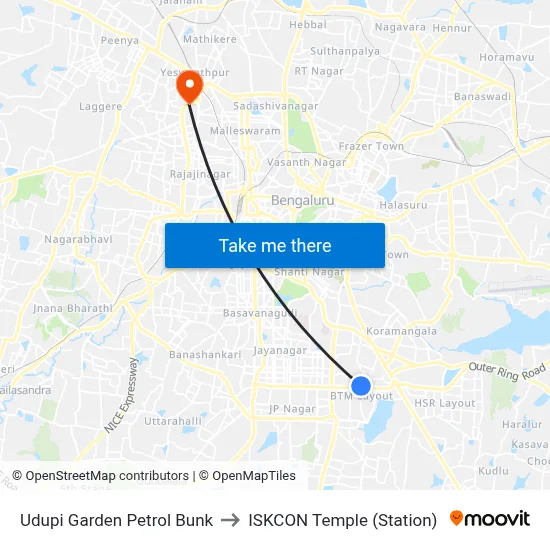 Udupi Garden Petrol Bunk to ISKCON Temple (Station) map