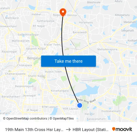 19th Main 13th Cross Hsr Layout to HBR Layout (Station) map