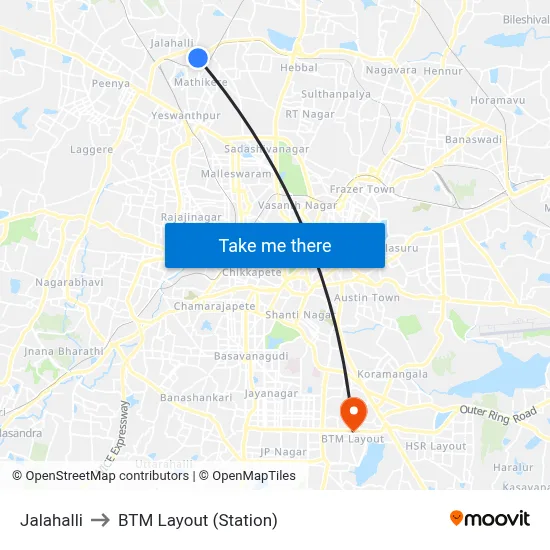 Jalahalli to BTM Layout (Station) map