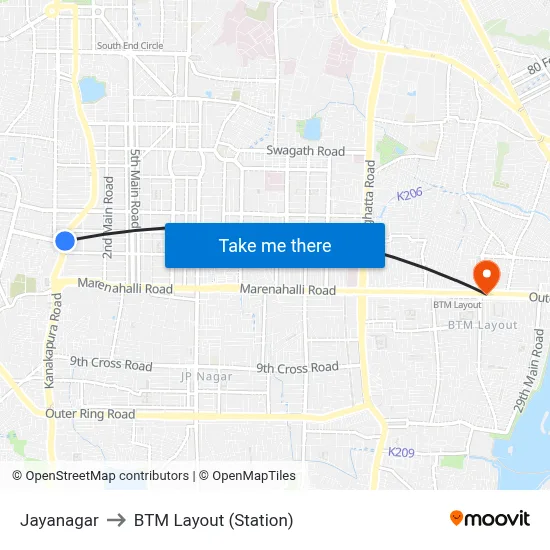 Jayanagar to BTM Layout (Station) map