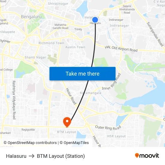 Halasuru to BTM Layout (Station) map