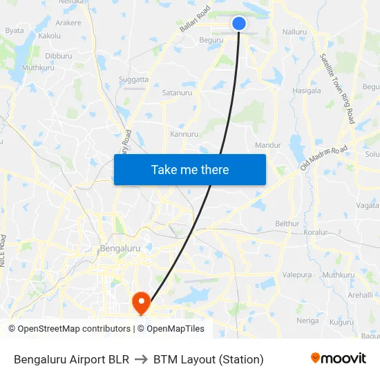 Bengaluru Airport BLR to BTM Layout (Station) map