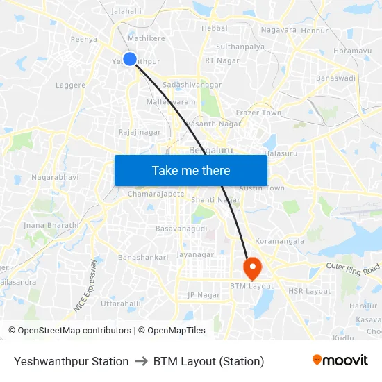 Yeshwanthpur Station to BTM Layout (Station) map