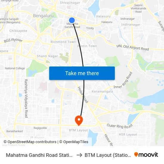 Mahatma Gandhi Road Station to BTM Layout (Station) map