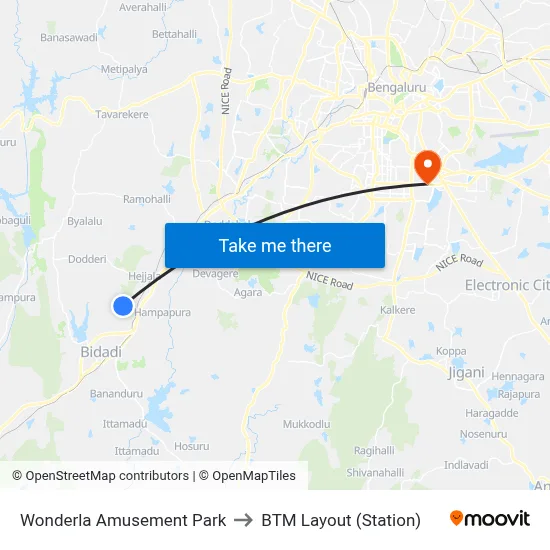 Wonderla Amusement Park to BTM Layout (Station) map