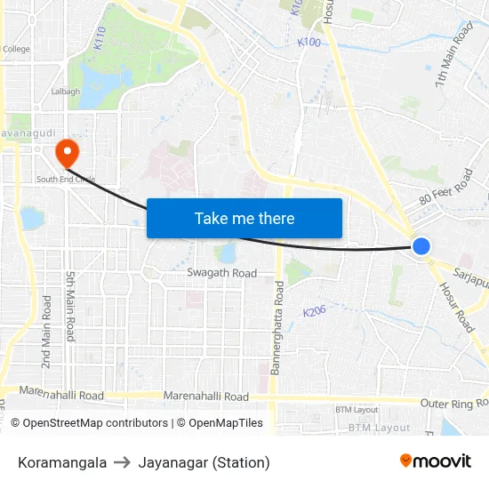 Koramangala to Jayanagar (Station) map