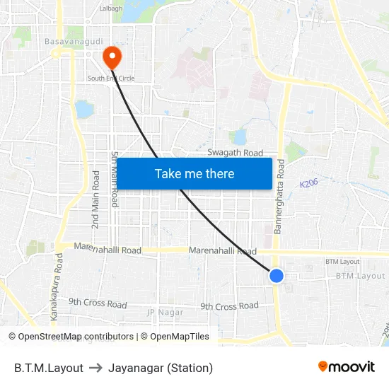 B.T.M.Layout to Jayanagar (Station) map