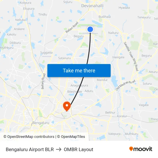 Bengaluru Airport BLR to OMBR Layout map