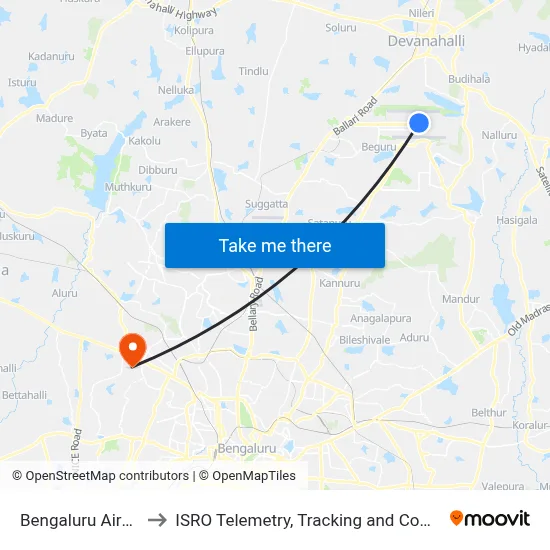 Bengaluru Airport BLR to ISRO Telemetry, Tracking and Command Network map
