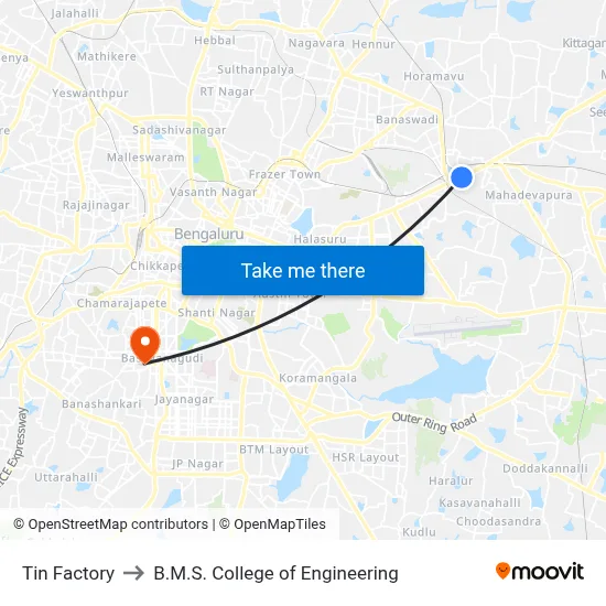Tin Factory to B.M.S. College of Engineering map