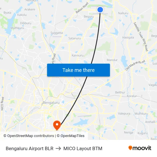 Bengaluru Airport BLR to MICO Layout BTM map