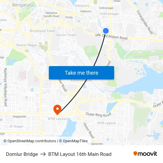 Domlur Bridge to BTM Layout 16th Main Road map