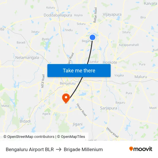 Bengaluru Airport BLR to Brigade Millenium map