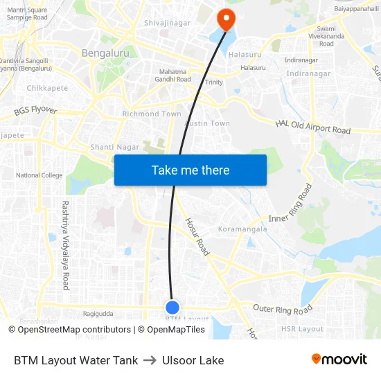 BTM Layout Water Tank to Ulsoor Lake map