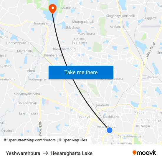 Yeshwanthpura to Hesaraghatta Lake map