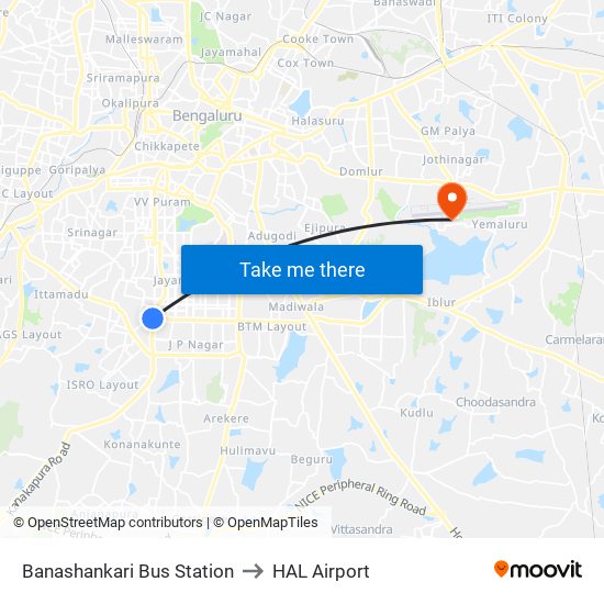 Banashankari Bus Station to HAL Airport map