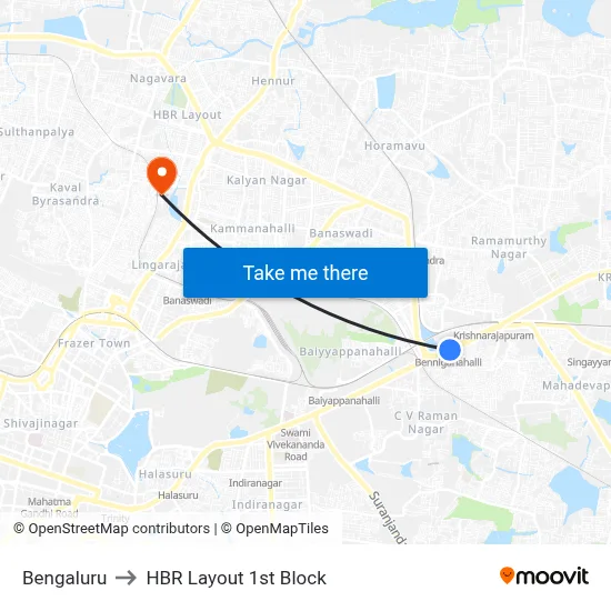Bengaluru to HBR Layout 1st Block map