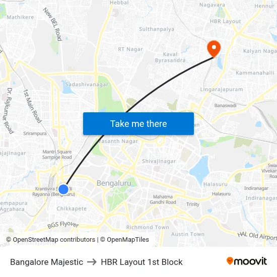 Bangalore Majestic to HBR Layout 1st Block map