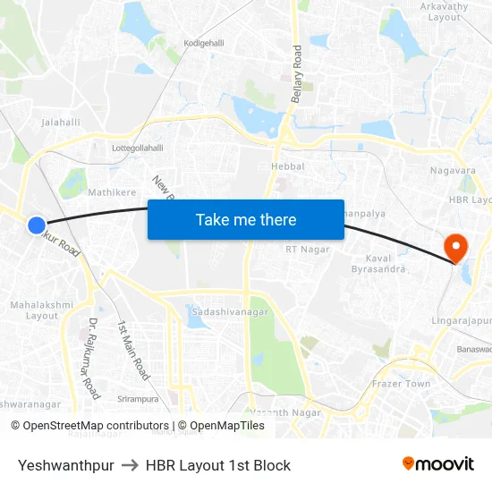 Yeshwanthpur to HBR Layout 1st Block map