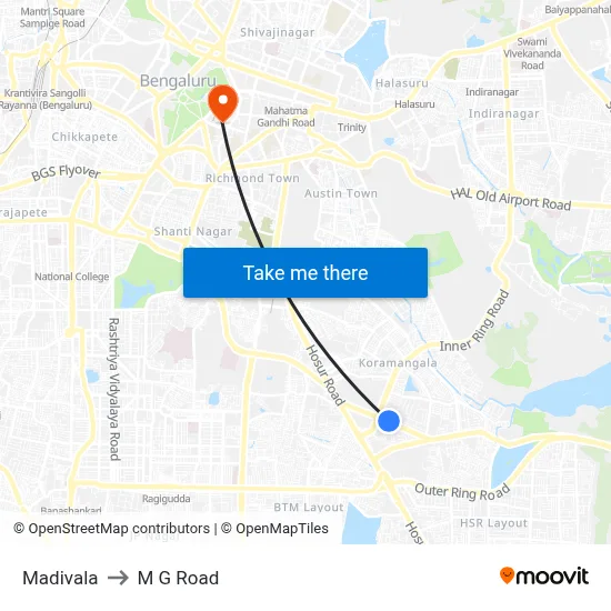 Madivala to M G Road map