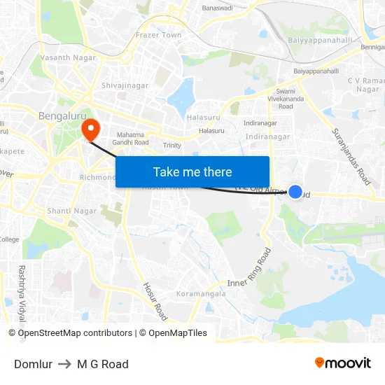 Domlur to M G Road map