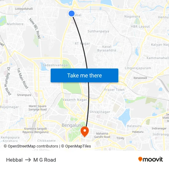 Hebbal to M G Road map