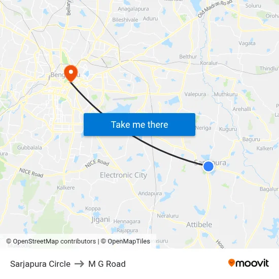 Sarjapura Circle to M G Road map