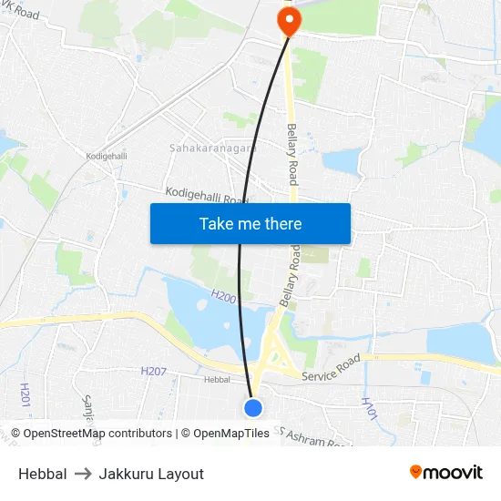 Hebbal to Jakkuru Layout map
