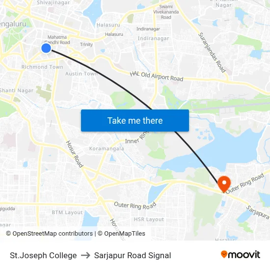 St.Joseph College to Sarjapur Road Signal map