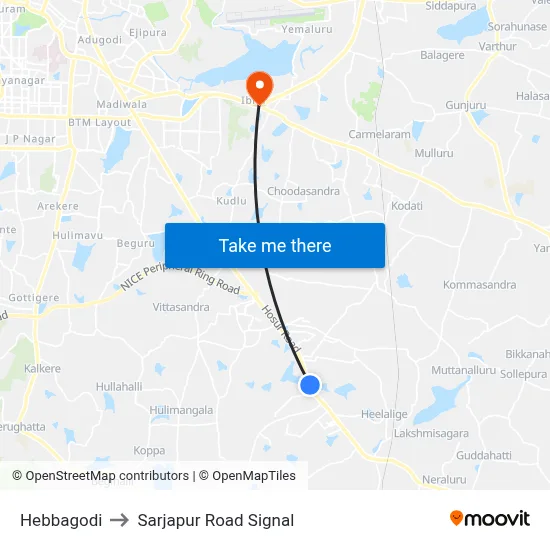 Hebbagodi to Sarjapur Road Signal map