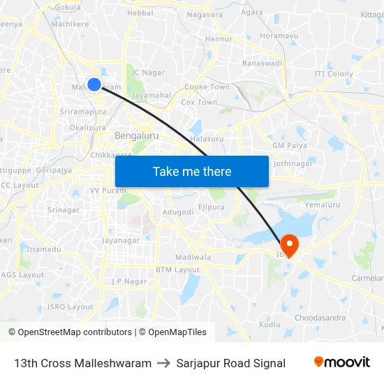 13th Cross Malleshwaram to Sarjapur Road Signal map