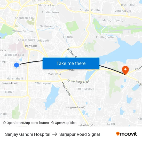 Sanjay Gandhi Hospital to Sarjapur Road Signal map