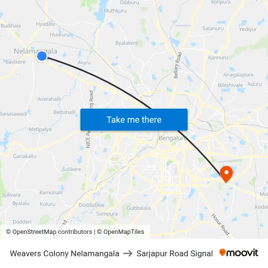 Weavers Colony Nelamangala to Sarjapur Road Signal map
