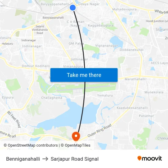 Benniganahalli to Sarjapur Road Signal map