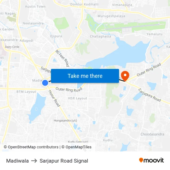 Madiwala to Sarjapur Road Signal map