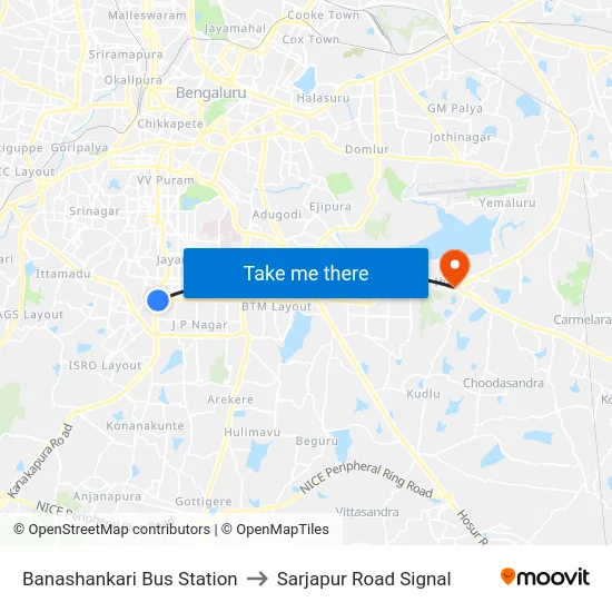 Banashankari Bus Station to Sarjapur Road Signal map