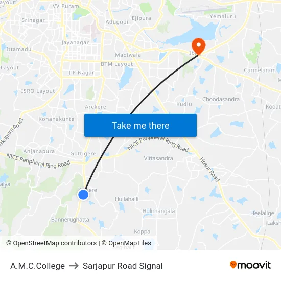 A.M.C.College to Sarjapur Road Signal map
