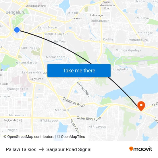Pallavi Talkies to Sarjapur Road Signal map