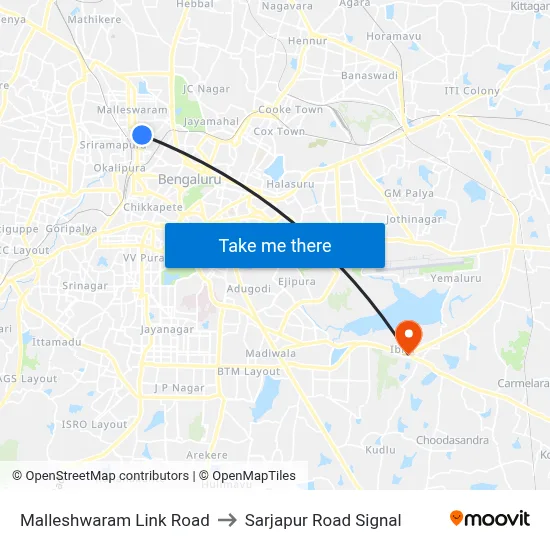 Malleshwaram Link Road to Sarjapur Road Signal map