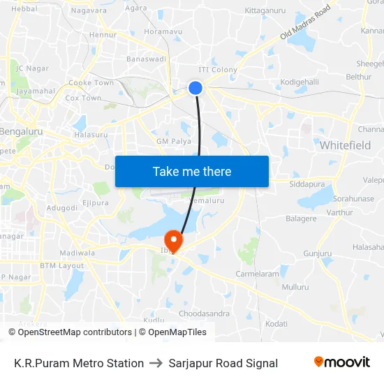 K.R.Puram Metro Station to Sarjapur Road Signal map