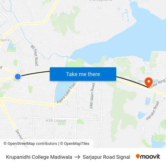 Krupanidhi College Madiwala to Sarjapur Road Signal map