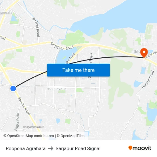 Roopena Agrahara to Sarjapur Road Signal map