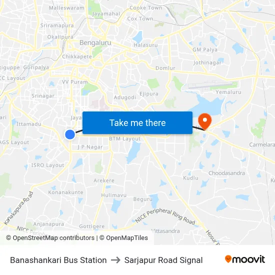 Banashankari Bus Station to Sarjapur Road Signal map