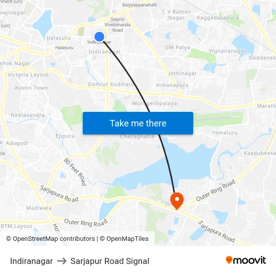 Indiranagar to Sarjapur Road Signal map