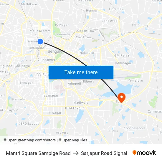 Mantri Square Sampige Road to Sarjapur Road Signal map