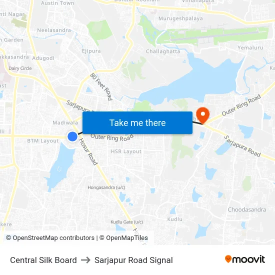 Central Silk Board to Sarjapur Road Signal map