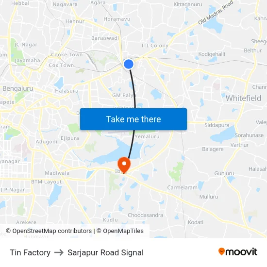 Tin Factory to Sarjapur Road Signal map