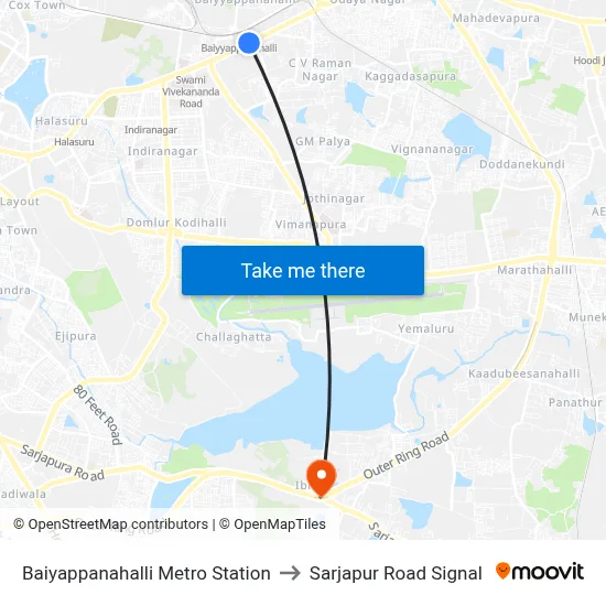 Baiyappanahalli Metro Station to Sarjapur Road Signal map