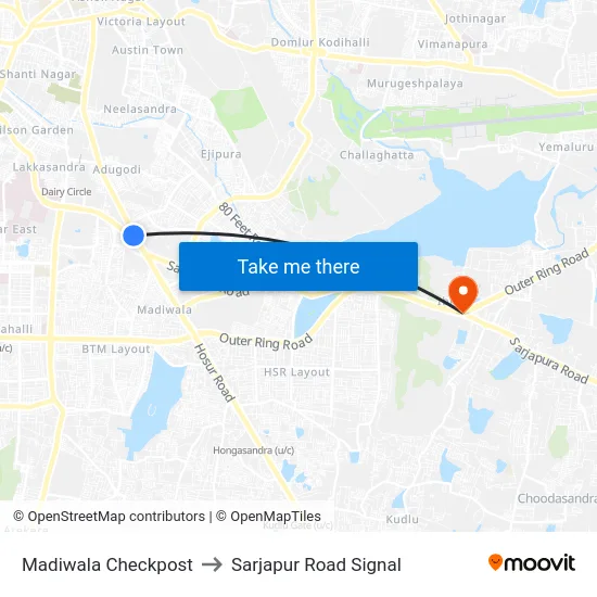 Madiwala Checkpost to Sarjapur Road Signal map
