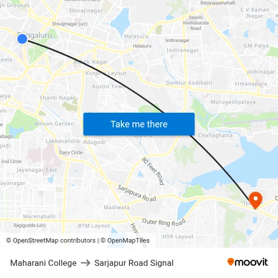 Maharani College to Sarjapur Road Signal map
